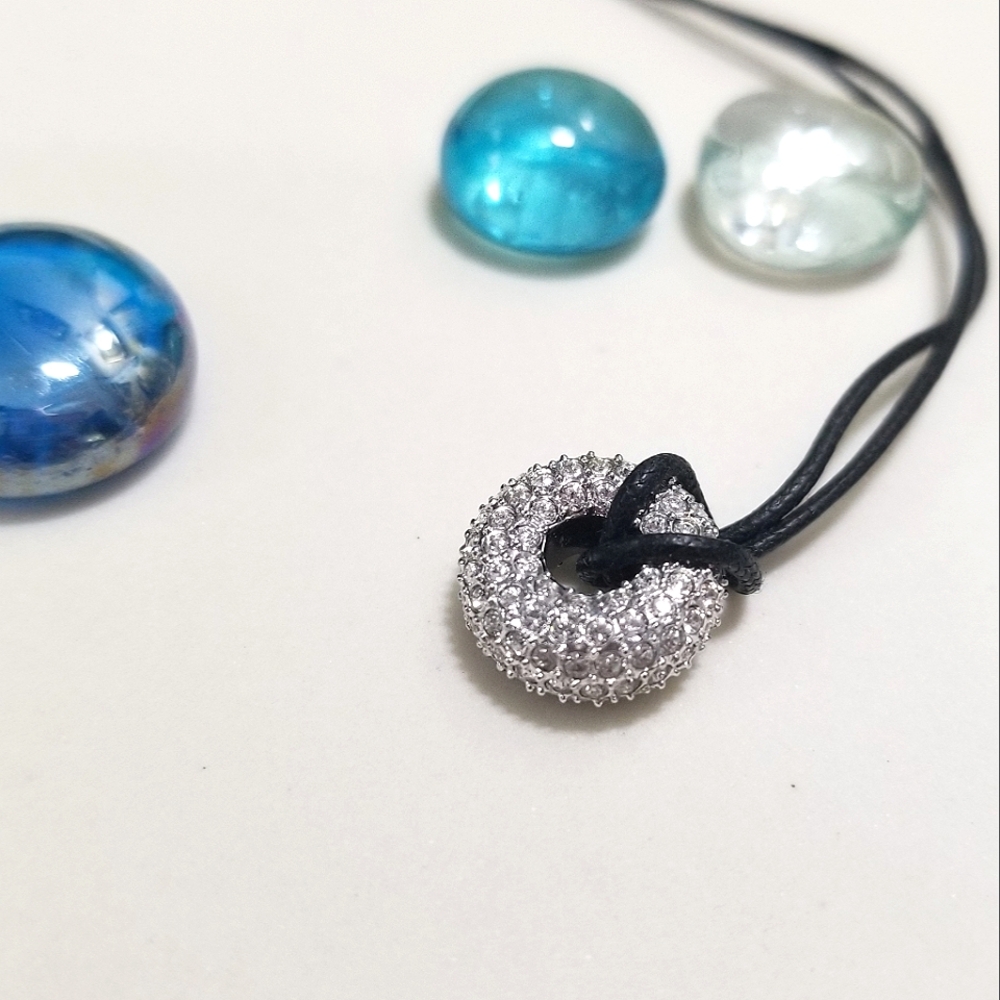 Authentic Swarovski Donut Cluster Paved Crystal Cord Necklace Silver Tone RARE